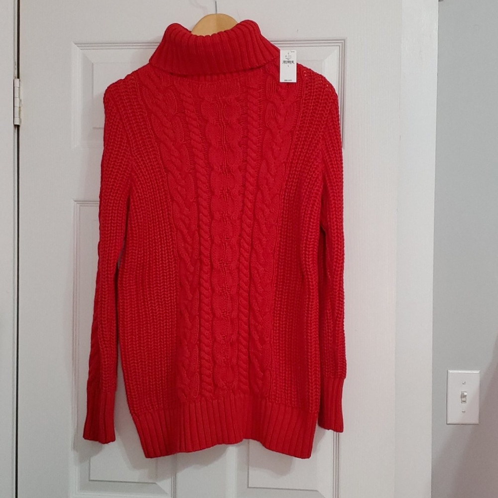 Cable-Knit Turtleneck Tunic Sweater
- Red
